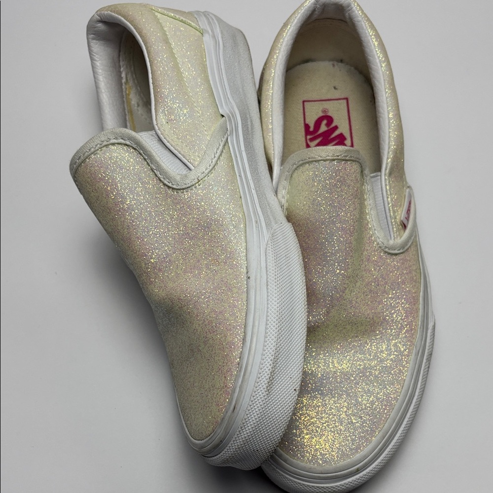 Vans Women’s 6 Iridescent Glitter Sneakers-White/Pale Pink/Gold Sheen #0263‎